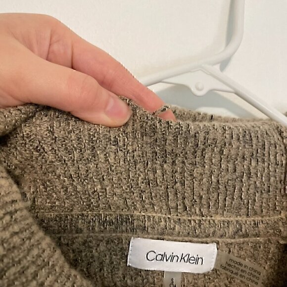 CALVIN KLEIN Beige Tan Black Marled Textured Knit Diamond Cowl Neck Fall Sweater - Picture 7 of 15